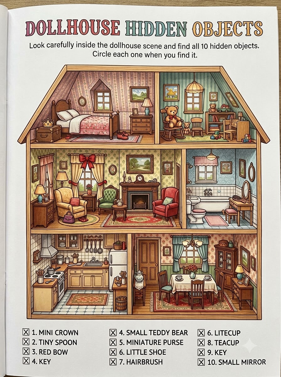 Dollhouse Hidden Objects puzzle — multi-room illustrated scene with 10 hidden objects to find and answer checklist